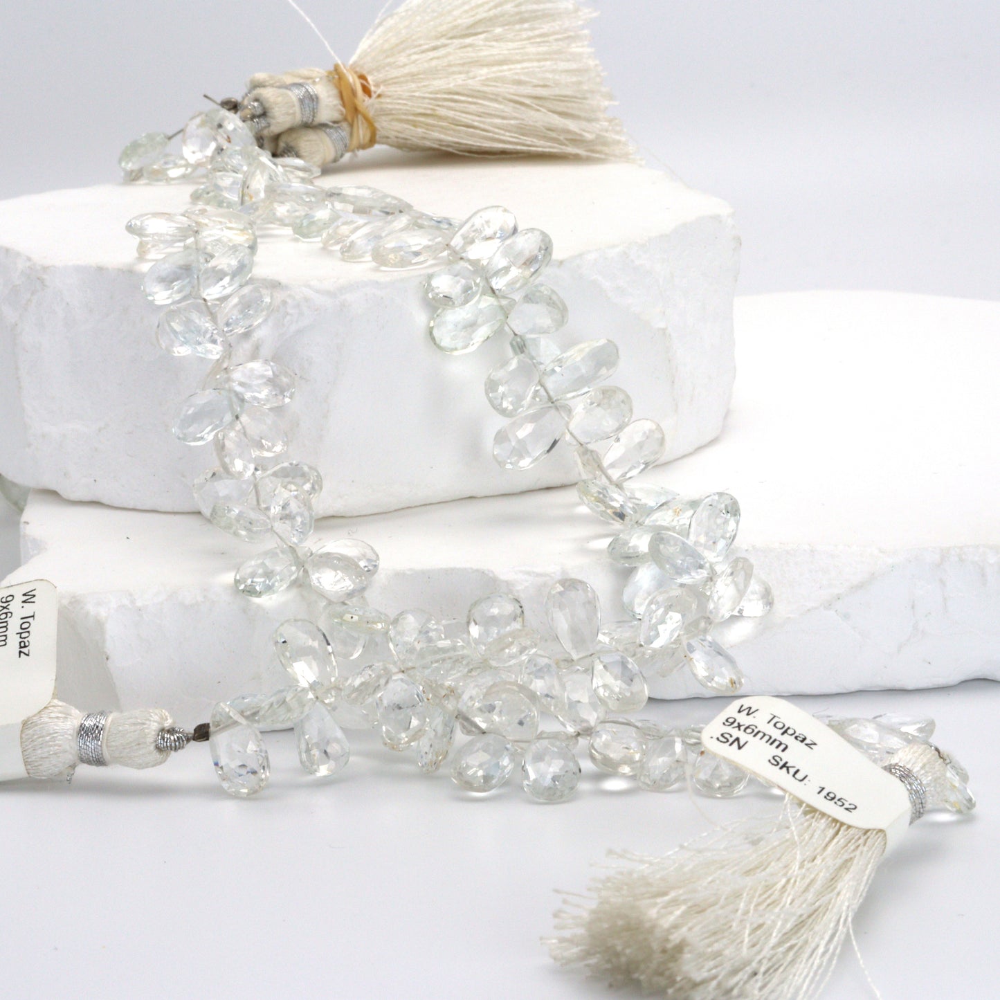 White Topaz 9x6mm Faceted Pear Shaped Briolettes Bead Strand