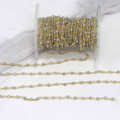 Blue Labradorite 3mm Faceted Rondelles Rosary Chain Sterling Silver with Gold Plating Wire Wrap Chain by the Foot