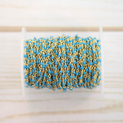 Blue Turquoise (R) 2mm Smooth Rounds Rosary Chain Sterling Silver with Gold Plating Wire Wrap Chain by the Foot