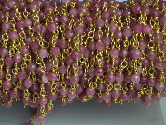 Ombre Pink Tourmaline 3mm Faceted Rounds Rosary Chain Sterling Silver with Gold Plating Wire Wrap Chain by the Foot