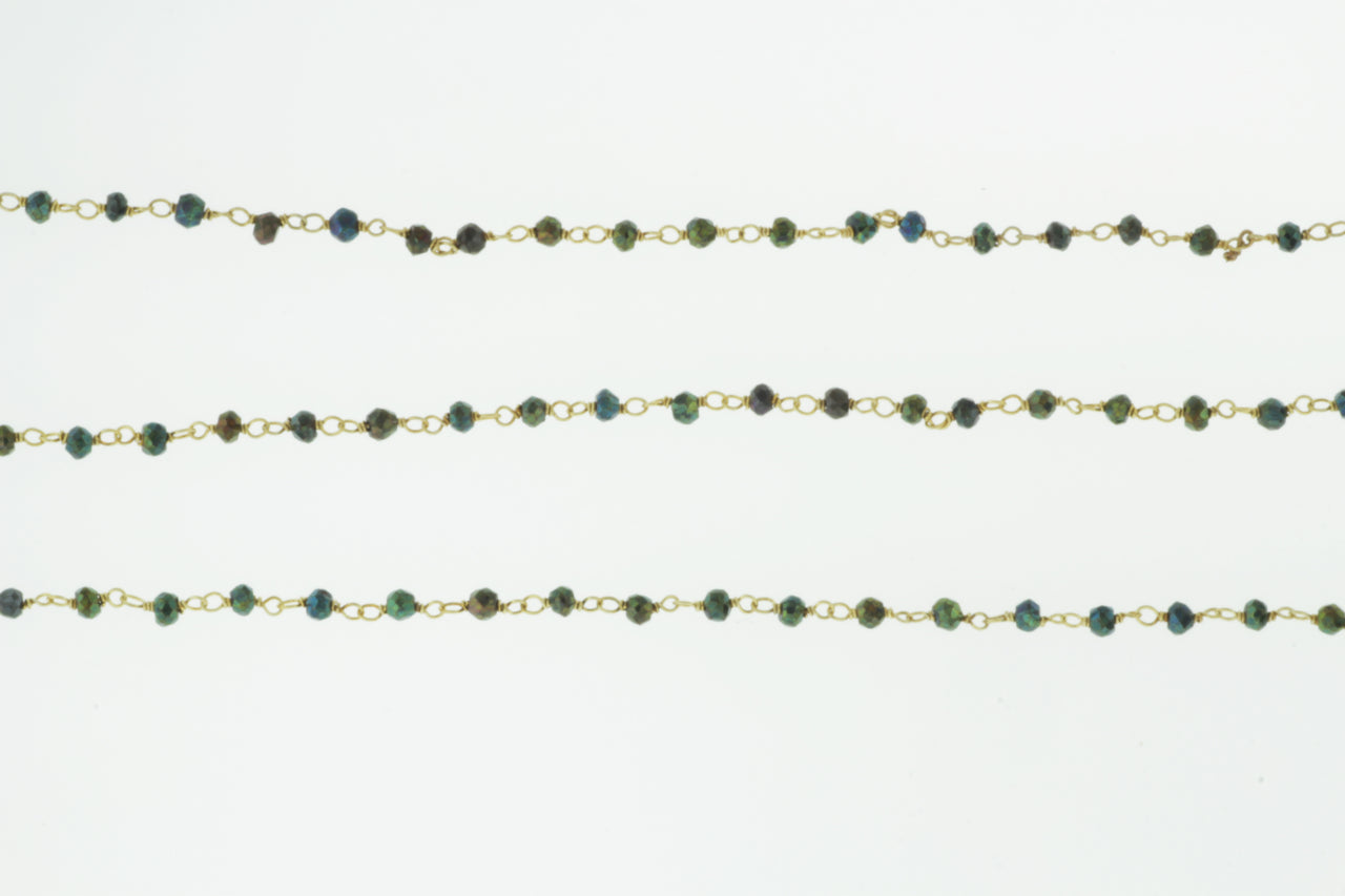 Green Coated Black Spinel 3mm Faceted Rondelles Rosary Chain Sterling Silver with Gold Plating Wire Wrap Chain by the Foot