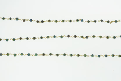 Green Coated Black Spinel 3mm Faceted Rondelles Rosary Chain Sterling Silver with Gold Plating Wire Wrap Chain by the Foot