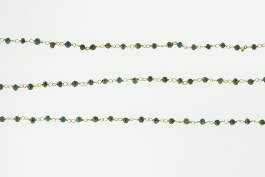 Green Coated Black Spinel 3mm Faceted Rondelles Rosary Chain Sterling Silver with Gold Plating Wire Wrap Chain by the Foot