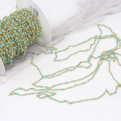 Blue Amazonite 2mm Faceted Rounds Rosary Chain Sterling Silver with Gold Plating Wire Wrap Chain by the Foot