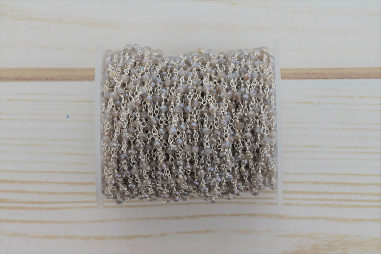 Coated Labradorite 3mm Faceted Rondelles Rosary Chain Sterling Silver Wire Wrap Chain by the Foot