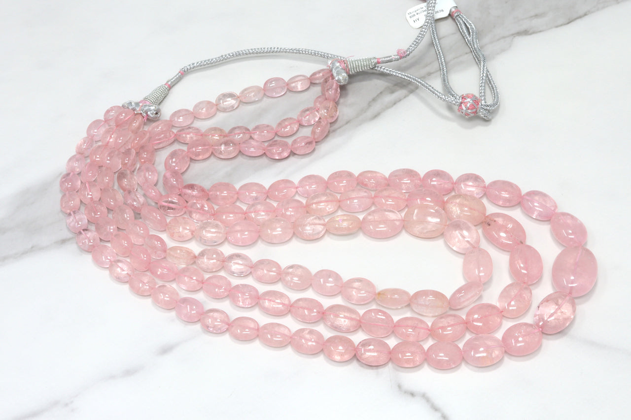 Pink Morganite 10x8mm - 20x17mm Smooth Ovals 3 Strand Bead Necklace
