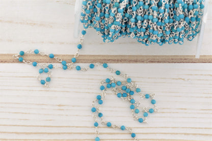 Blue Turquoise (R) 2.5mm Faceted Rounds Rosary Chain Sterling Silver Wire Wrap Chain by the Foot