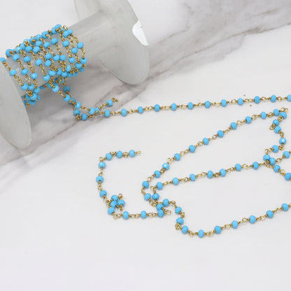 Blue Turquoise (R) 3mm Faceted Rondelles Rosary Chain Sterling Silver with Gold Plating Wire Wrap Chain by the Foot