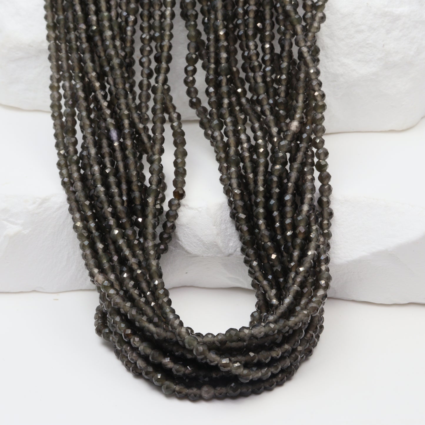 Black Obsidian 2mm Faceted Rounds Bead Strand