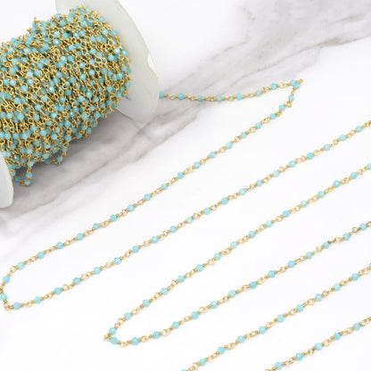 Blue Amazonite 2mm Faceted Rounds Rosary Chain Sterling Silver with Gold Plating Wire Wrap Chain by the Foot