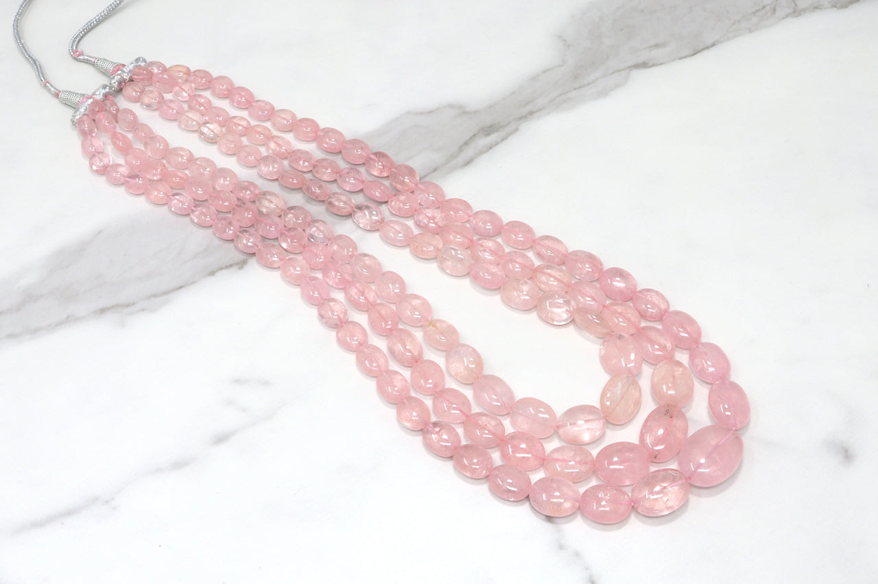 Pink Morganite 10x8mm - 20x17mm Smooth Ovals 3 Strand Bead Necklace