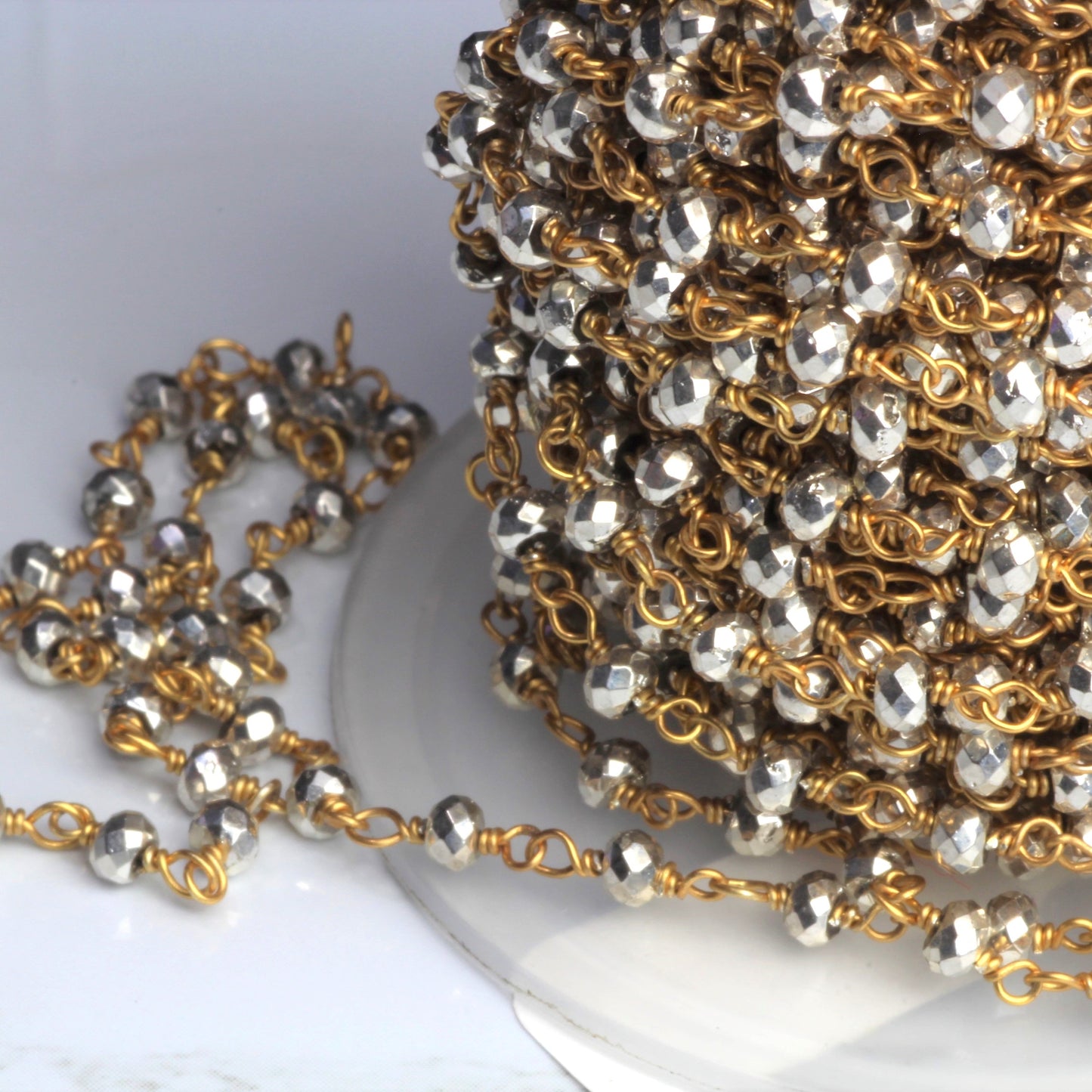 Silver Plated Pyrite 3mm Faceted Rondelles Rosary Chain Sterling Silver with Gold Plating Wire Wrap Chain by the Foot