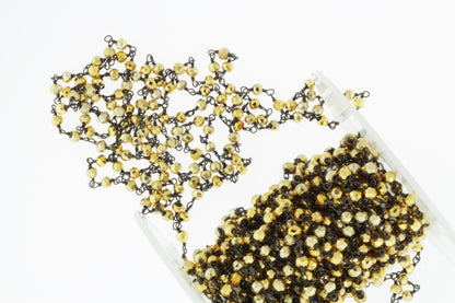 Gold Plated Pyrite 4mm Faceted Rondelles Rosary Chain Sterling Silver with Black Rhodium Plating Wire Wrap Chain by the Foot