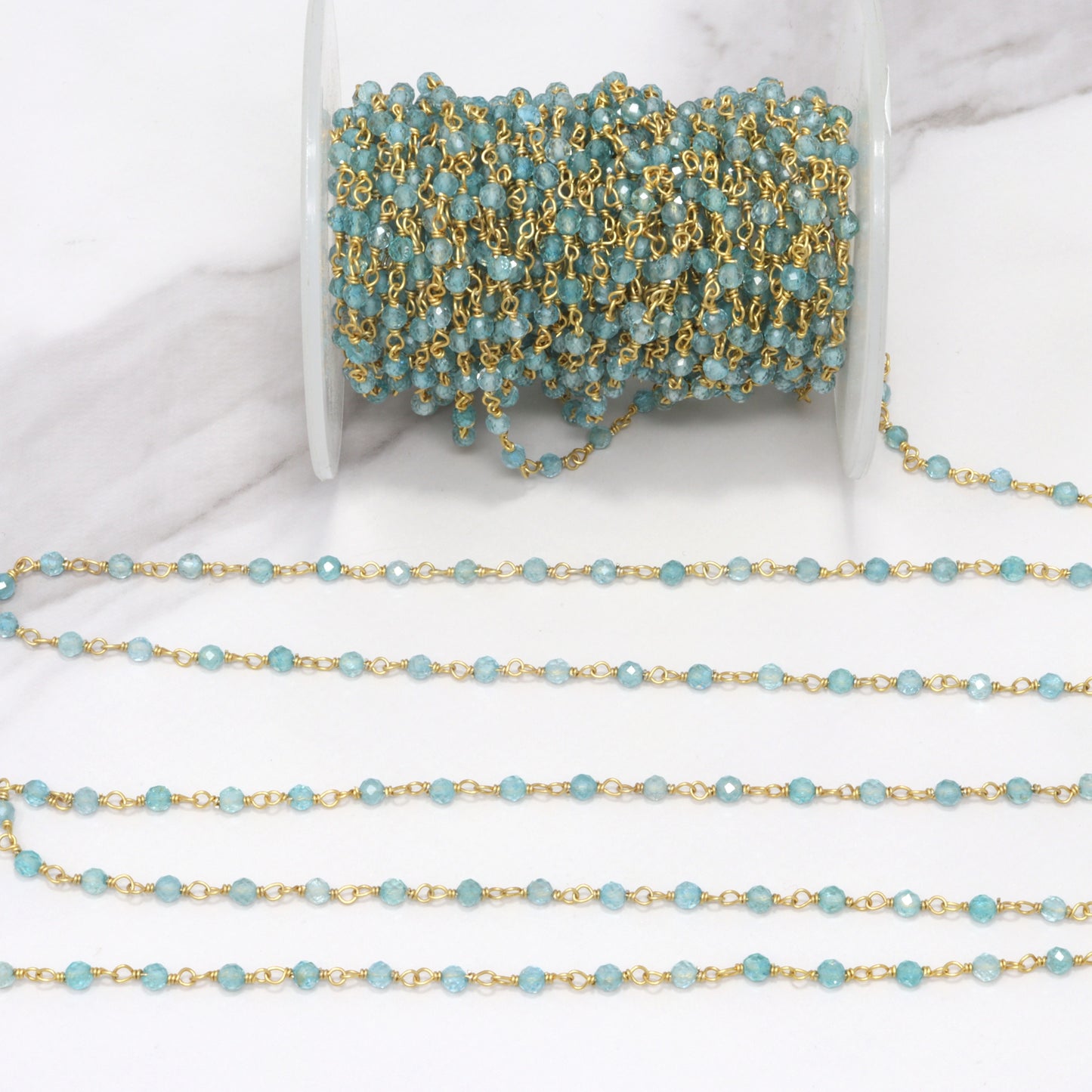 Sea Blue Apatite 3mm Faceted Rounds Rosary Chain Sterling Silver with Gold Plating Wire Wrap Chain by the Foot