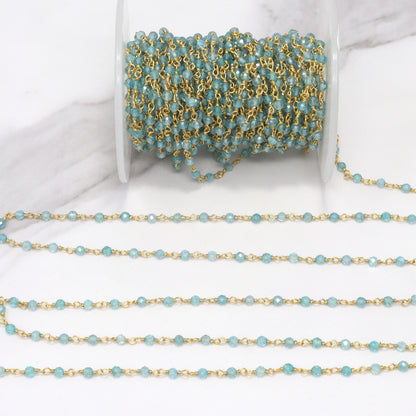 Sea Blue Apatite 3mm Faceted Rounds Rosary Chain Sterling Silver with Gold Plating Wire Wrap Chain by the Foot