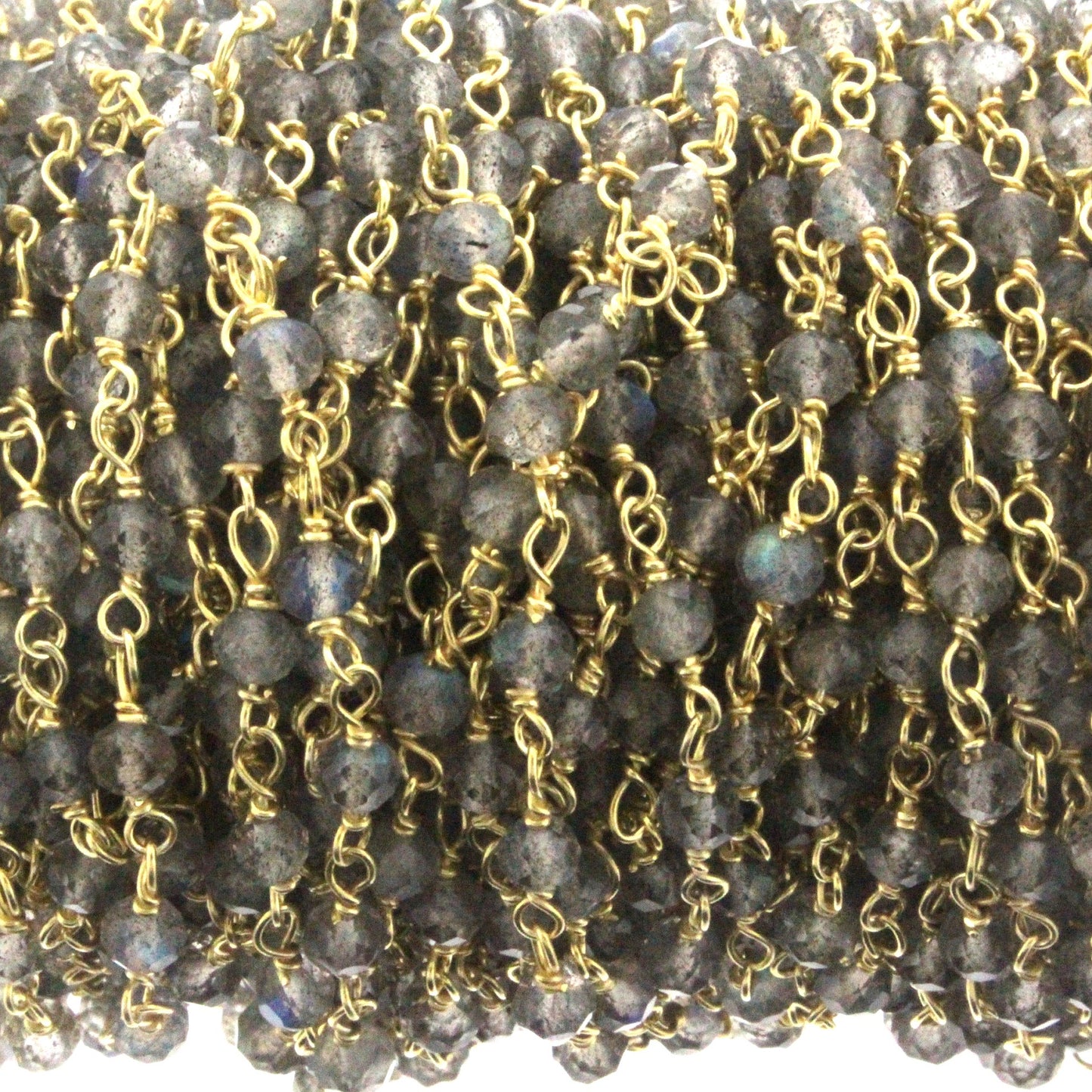 Blue Labradorite 3mm Faceted Rondelles Rosary Chain Sterling Silver with Gold Plating Wire Wrap Chain by the Foot