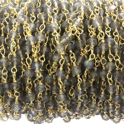 Blue Labradorite 3mm Faceted Rondelles Rosary Chain Sterling Silver with Gold Plating Wire Wrap Chain by the Foot