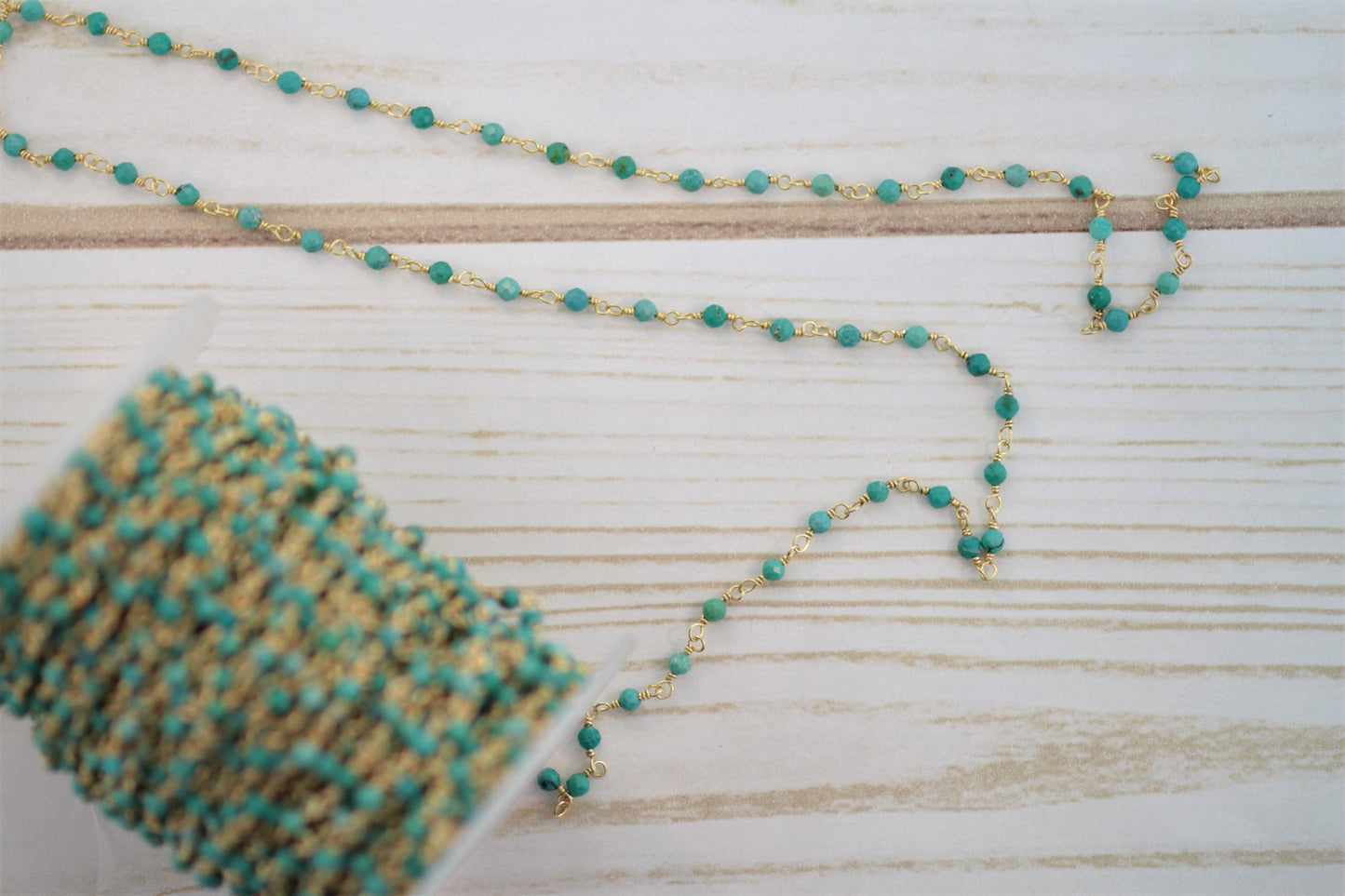 Natural Blue Turquoise 2.5mm Faceted Rounds Rosary Chain Sterling Silver with Gold Plating Wire Wrap Chain by the Foot