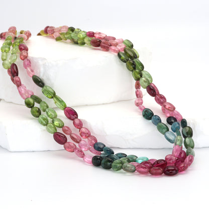 Watermelon Tourmaline 7x5mm Smooth Ovals Bead Strand