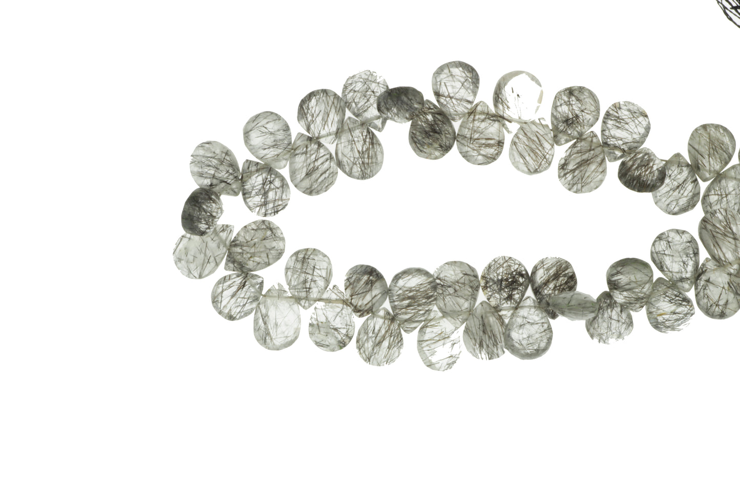 Black Tourmalinated Quartz 12x8mm Faceted Pear Shaped Briolettes